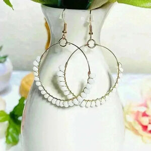 White Beaded Hoop Earrings